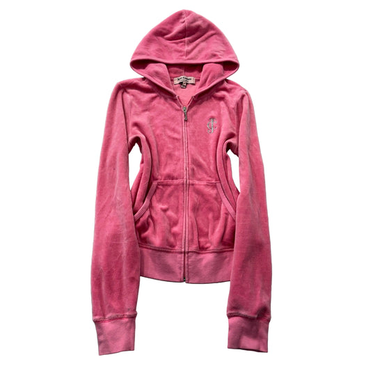 Juicy Couture Women's Pink Velour Zip-Up Hoodie Pockets JC Logo Classic Size S