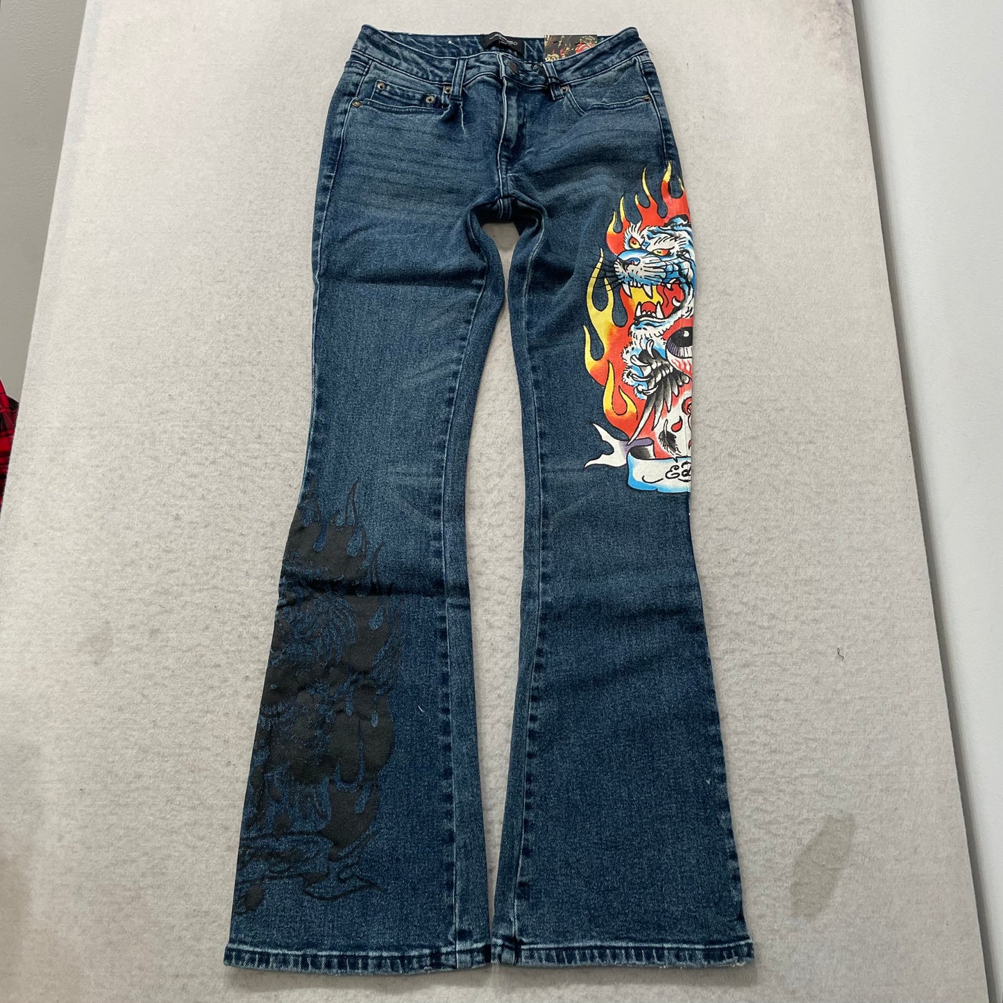 Ed Hardy Women's Blue Tiger Flame Graphic Flare Denim Jeans Y2K Tattoo Print