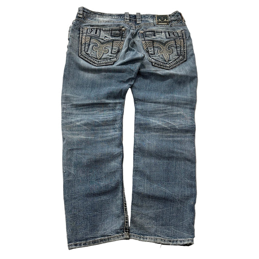 Rock Revival Elilijuh Rlxd Taper Men Blue Denim Jeans Pocket Embroideres Size 40