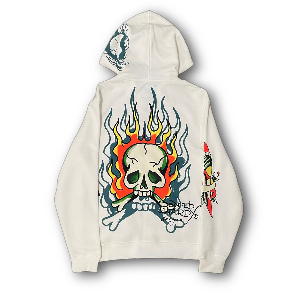 ED HARDY “flaming skull” WHITE ZIP UP HOODIE