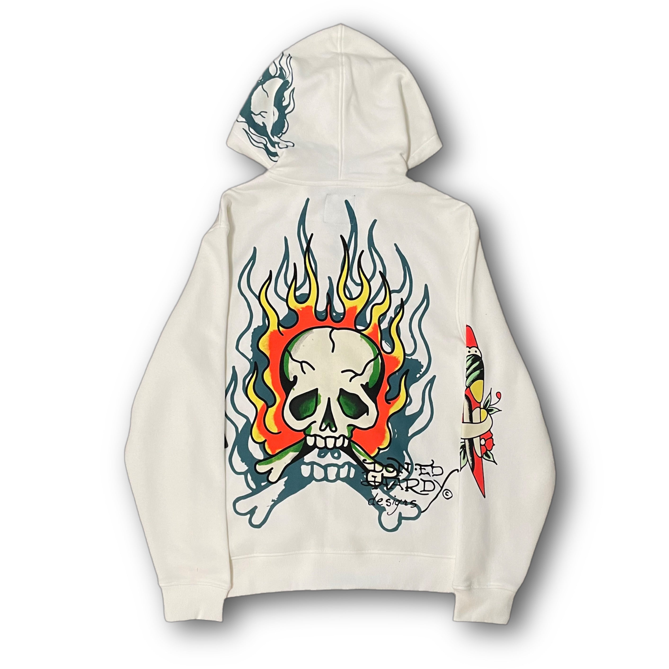 ED HARDY “flaming skull” WHITE ZIP UP HOODIE