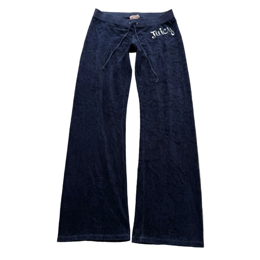 Juicy Couture Women's Navy Blue Velour Flared Track Pant Low Rise Logo Size M