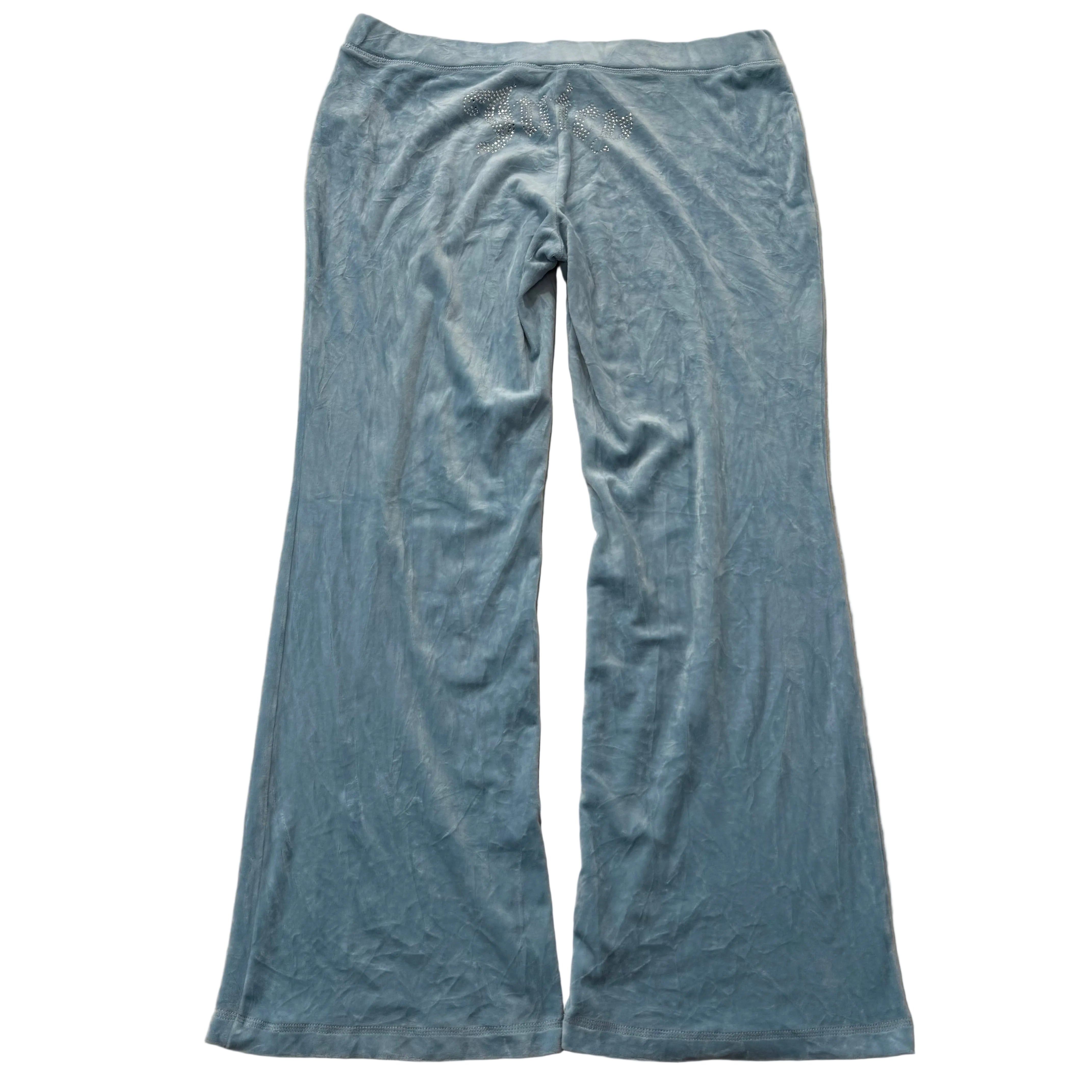 Juicy Couture Women's Ice Blue Velour Flared Track Pant Rhinestones Logo Size XL