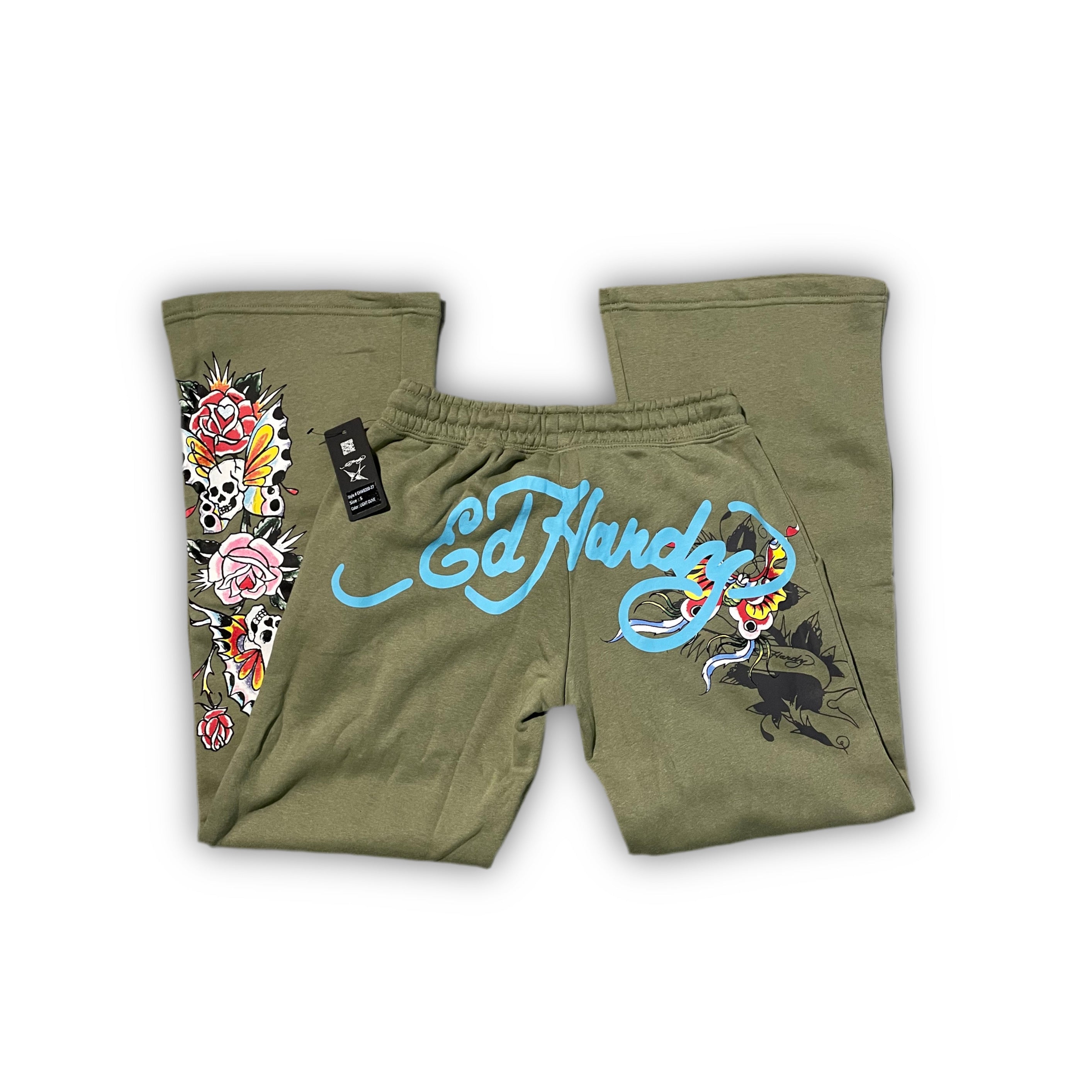 ED HARDY SAGE WIDE LEG BUTTERFLY SWEATPANTS