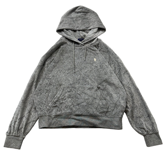 Polo Ralph Lauren Women's Gray Velour Pullover Hoodie Kangaroo Pockets Logo - S
