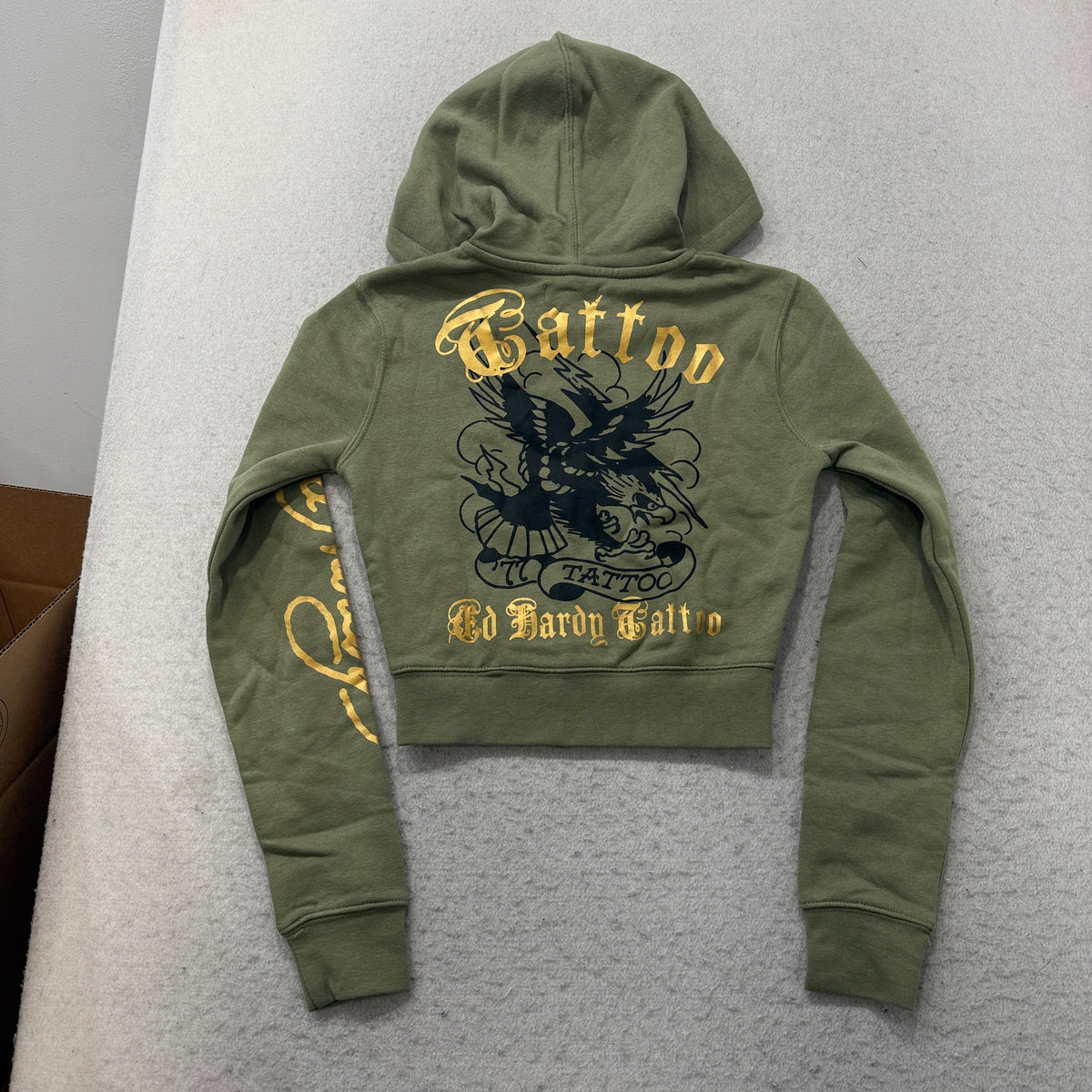 Ed Hardy Broken Hearts Cropped Zip Up Hoodie Olive Size S photo 2