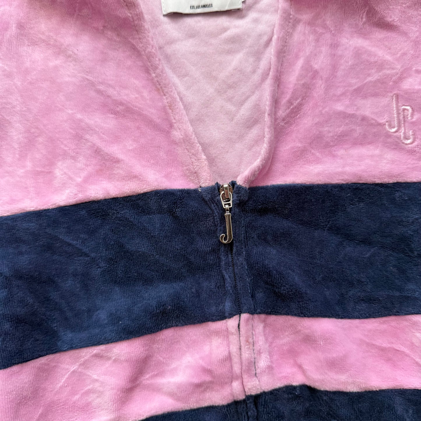 Juicy Couture Women's Pink Blue Striped Velour Blouse Top Full Zip Short Sleeve
