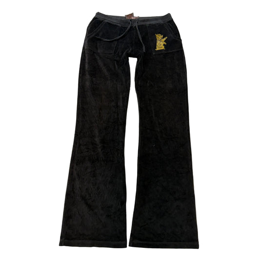 Vintage Juicy Couture Womens Black Velour Flare Pants Drawstring Dog Logo Size L