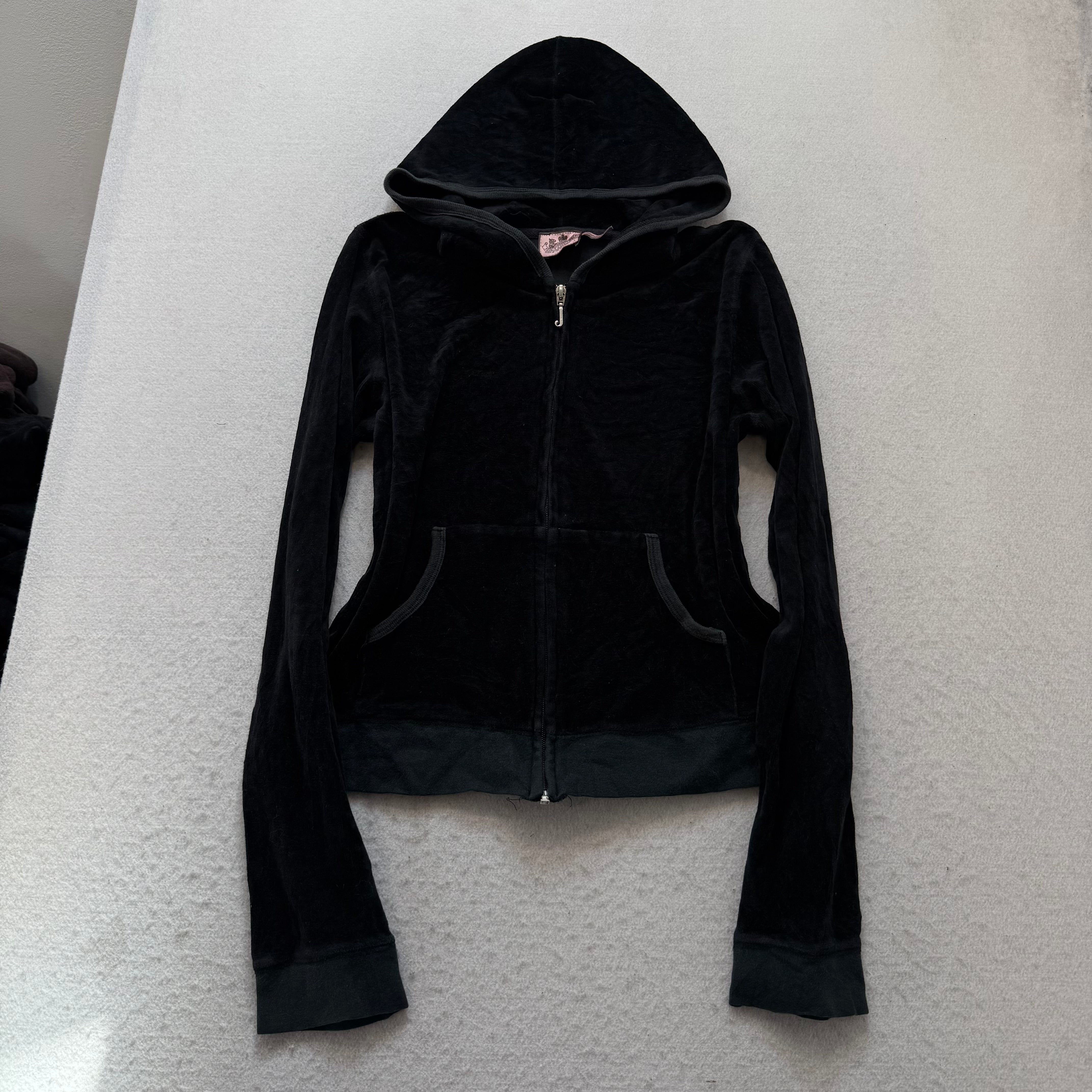 Vintage Juicy Couture Women's Jet Black Velour Zip-Up Hoodie Dog Logo Size L