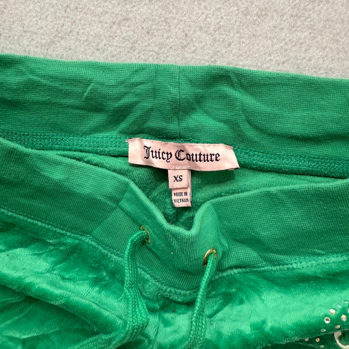 Juicy Couture Womens Kelly Green Velour Flare Track Pant Rhinestone Logo Size XS