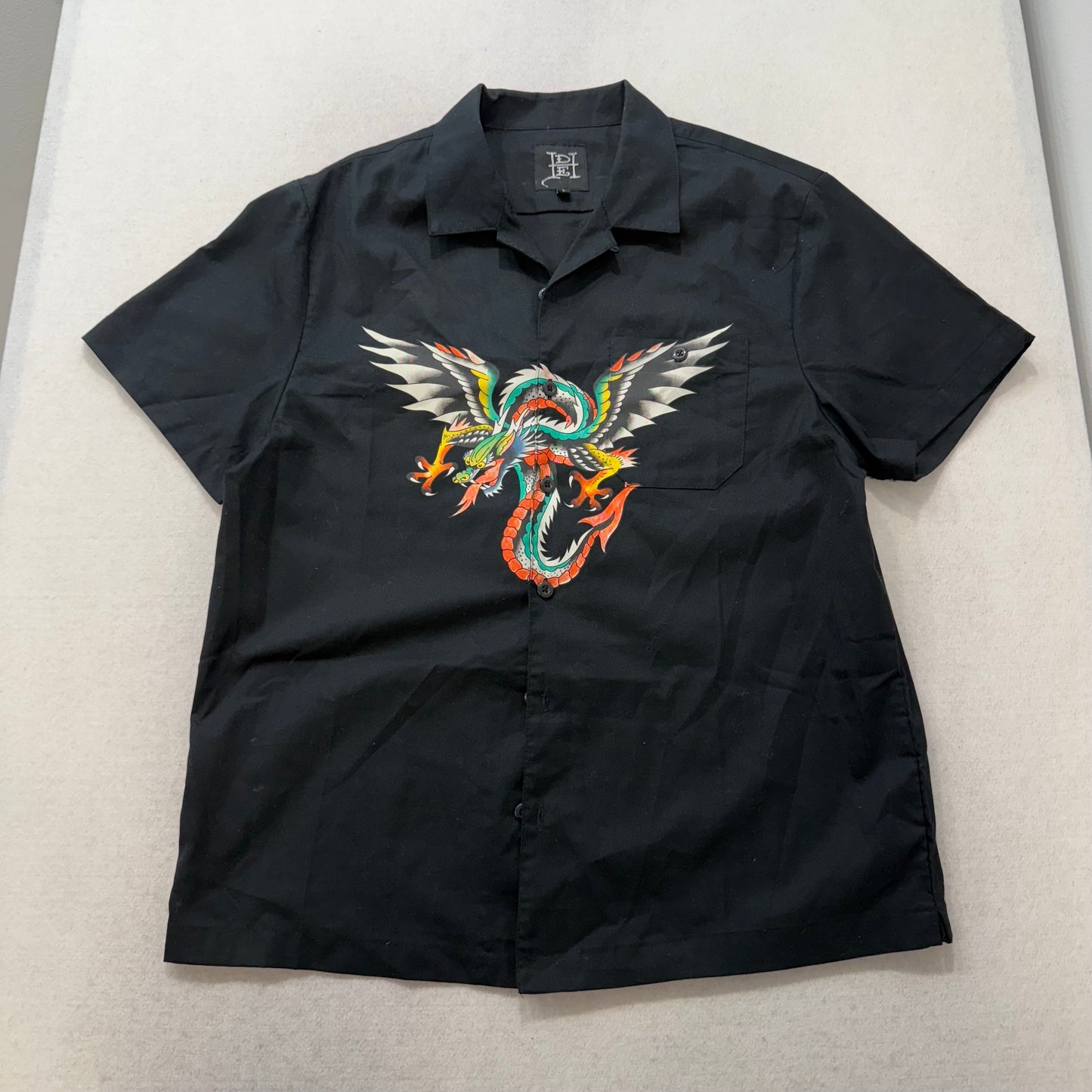 Ed Hardy Tattoo Black Button Up Shirt Dragon Wing Embroidery Short Sleeve XL