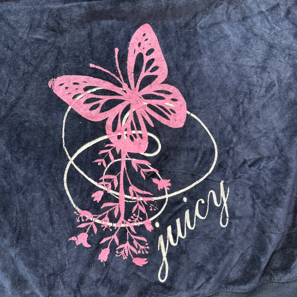 Juicy Couture Women's Navy Blue Velour Zip-Up Hoodie Butterfly Print Size XL