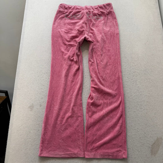 Bebe Women's Pink Velour Flared Track Pants Elastic Waist Rhinestone Logo Size L