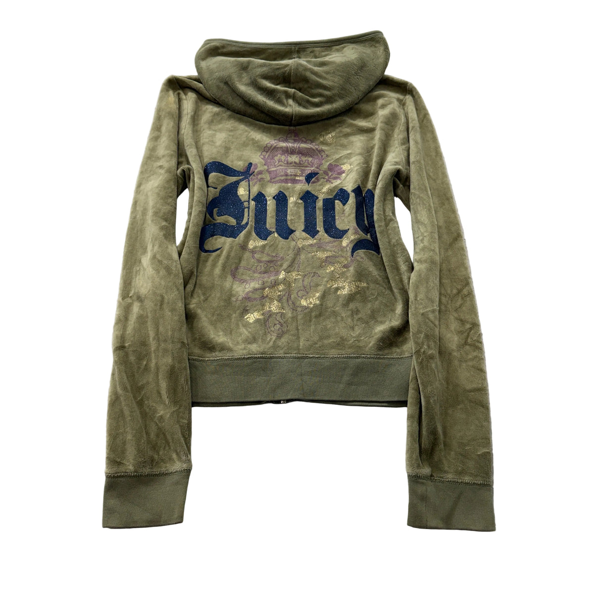 Juicy Couture Women's Olive Green Velour Zip-Up Hoodie Glitter Logo Y2K Size XL