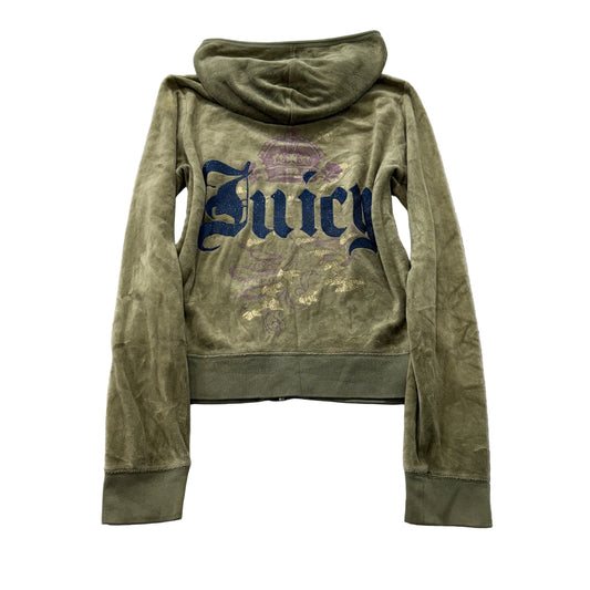Juicy Couture Women's Olive Green Velour Zip-Up Hoodie Glitter Logo Y2K Size XL