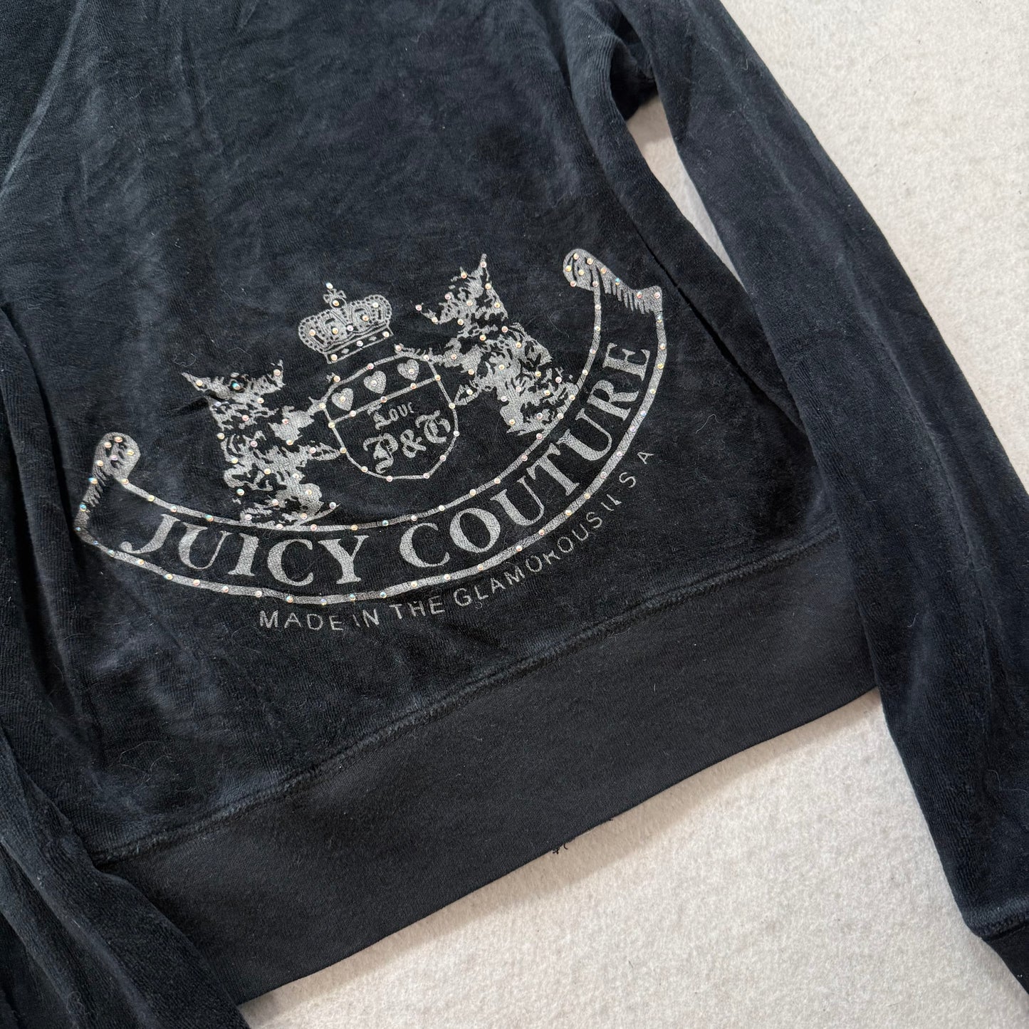 Juicy Couture Black Velour Tracksuit Set Zip Up Hoodie & Flared Pant Logo Size M