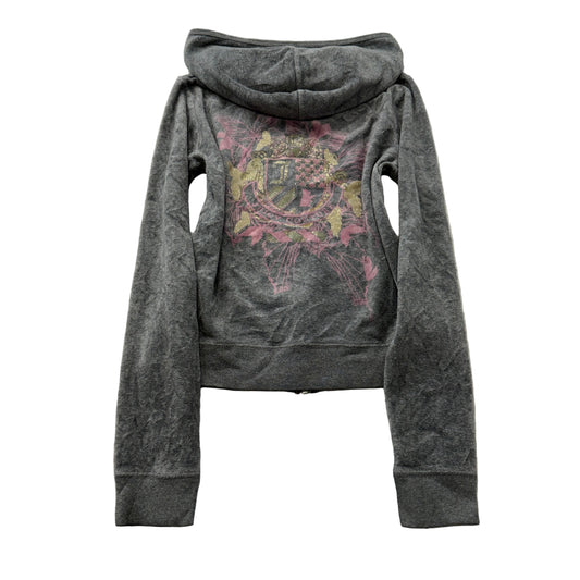 Vintage Juicy Couture Women's Grey Velour Zip-Up Hoodie Floral Crest Graphic - S