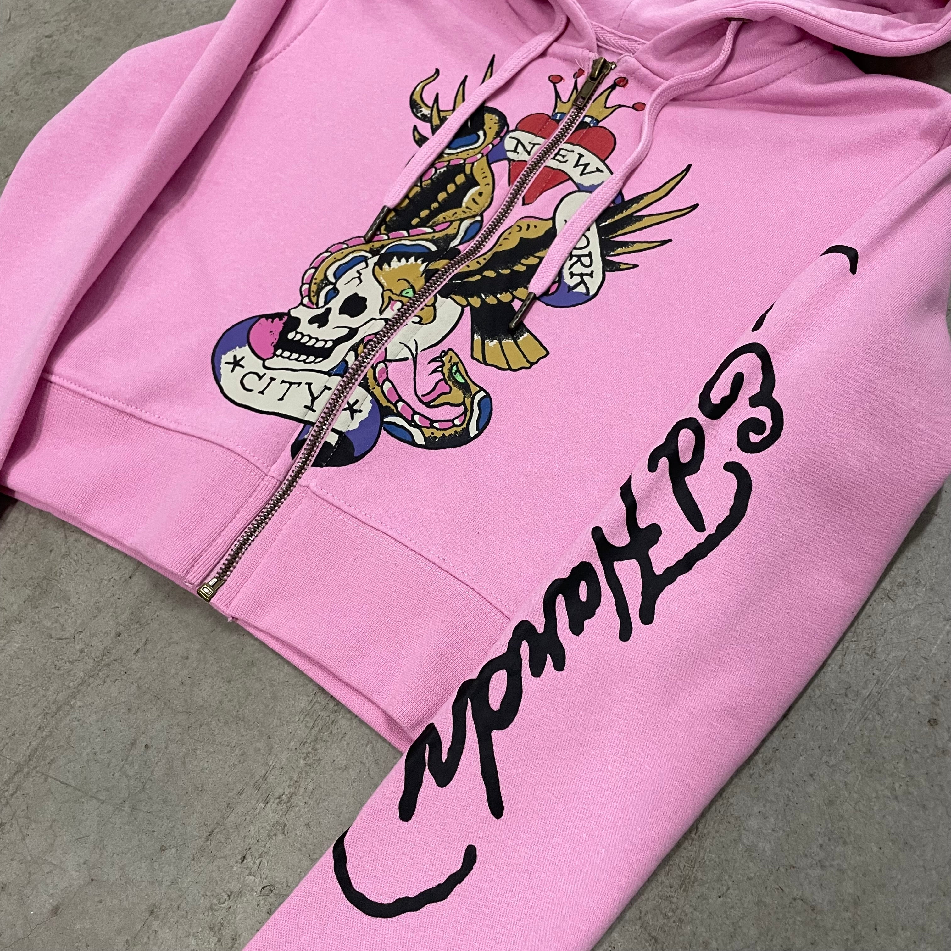 ED HARDY “Flying Skull” PINK CROPPED ZIP UP HOODIE