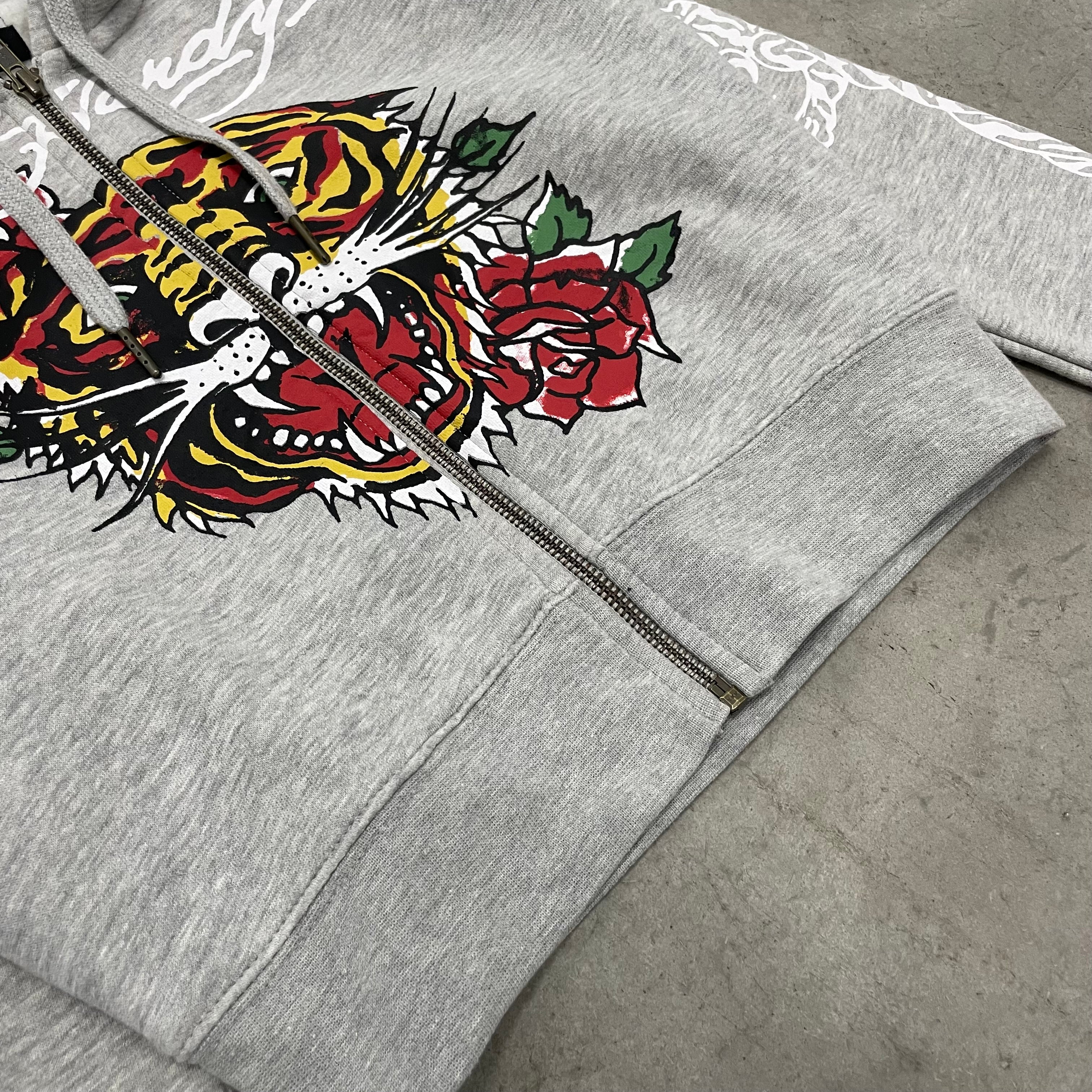 ED HARDY “Tiger Roar” GREY CROPPED ZIP UP HOODIE