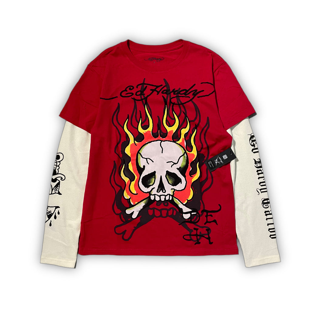 Ed hardy “Flame Skull” Cherry Red Thermal Tee