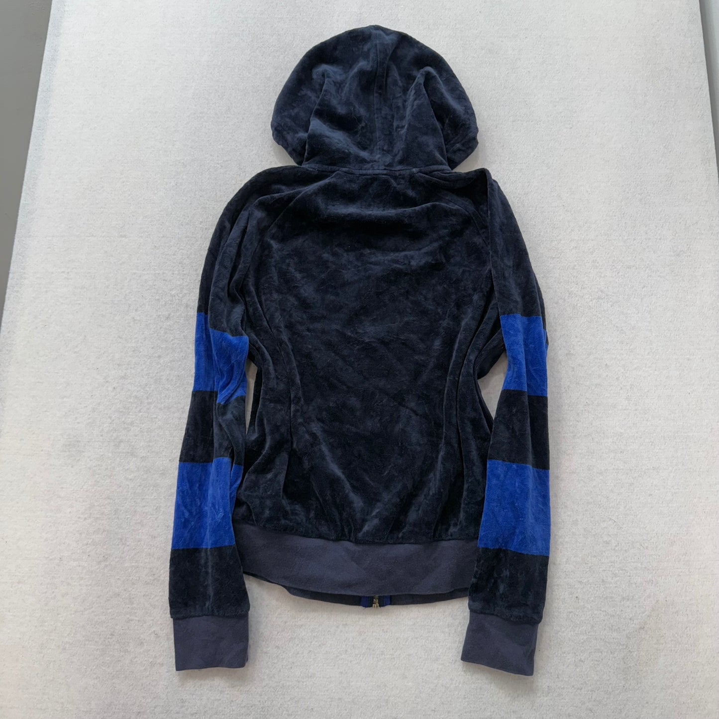 Juicy Couture Women's Navy Blue Striped Velour Zip Up Hoodie Loungewear Size S