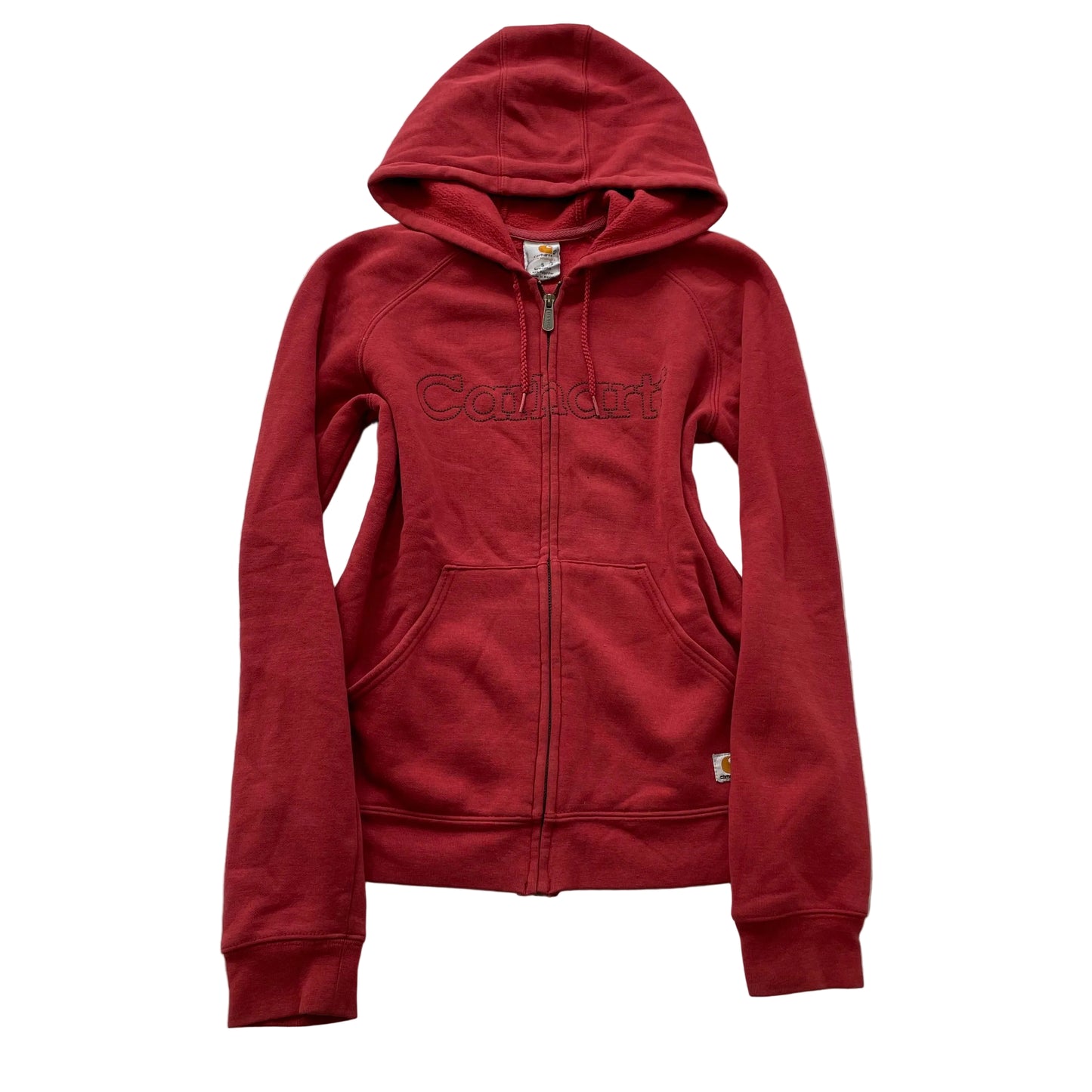 Carhartt Women's Red Cotton Blend Zip-Up Hoodie Drawstring Pockets Logo Size S
