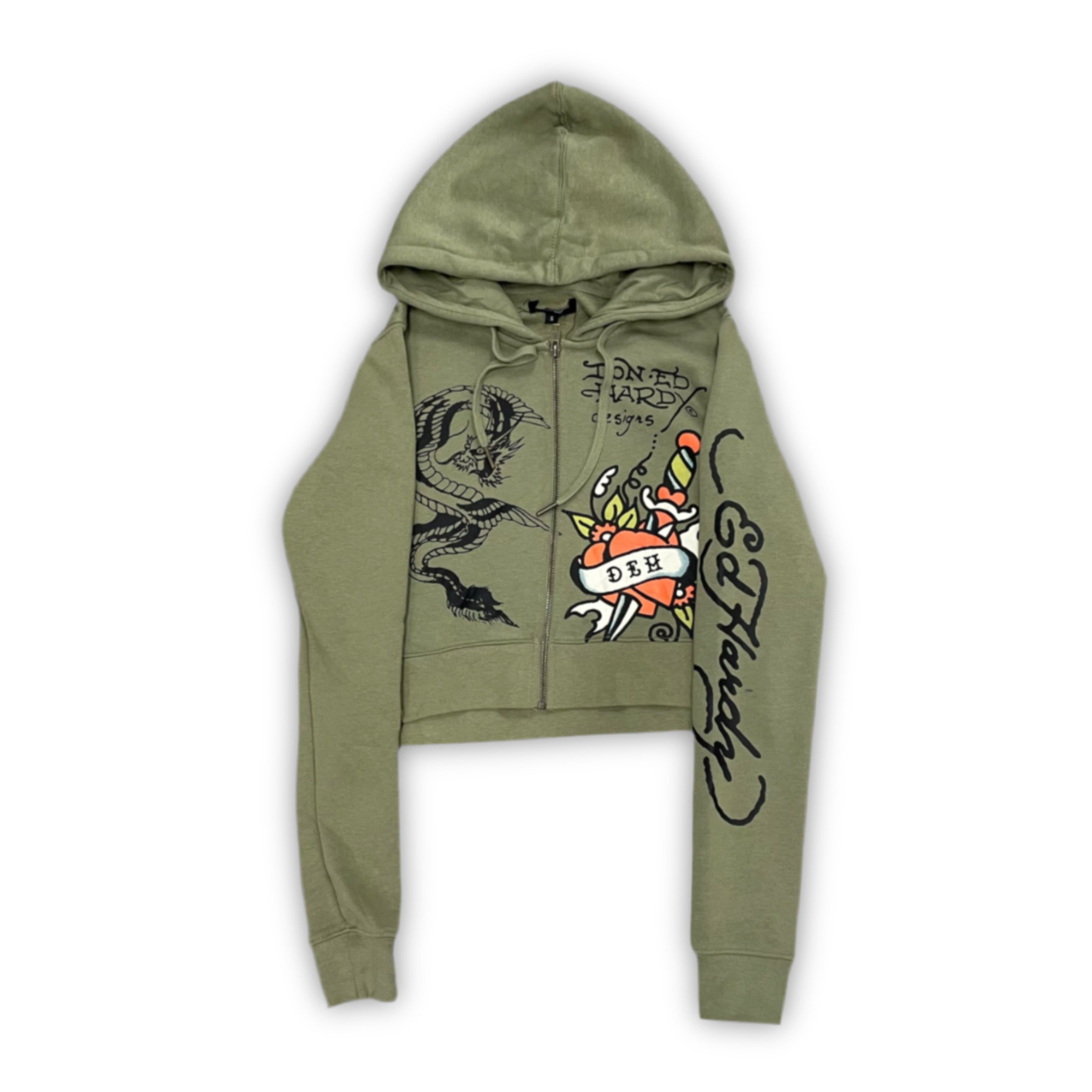 ED HARDY “dragon hearts” SAGE CROPPED ZIP UP HOODIE