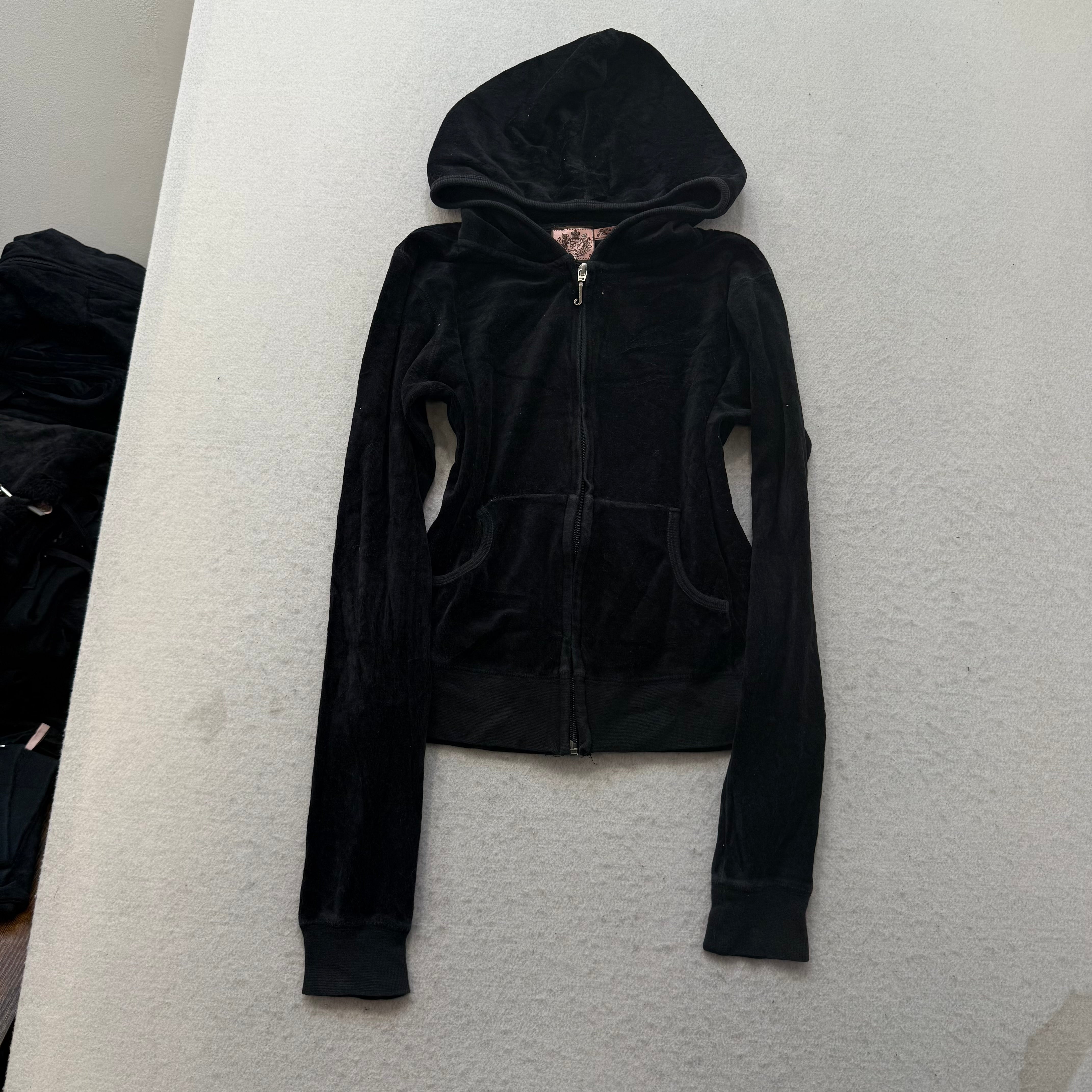 Vintage Juicy Couture Womens Black Velour Tracksuit Set Hoodie & Pant Y2k Size S