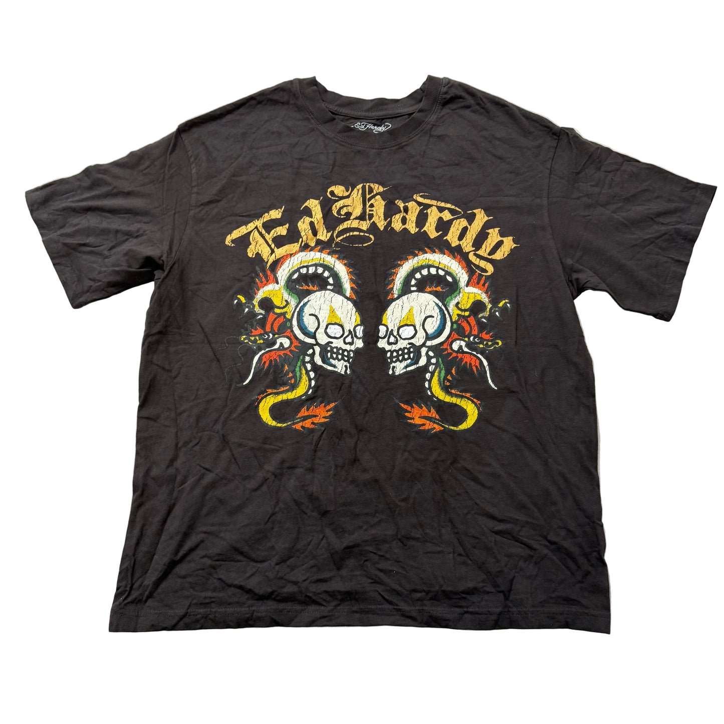 ED HARDY "Dragon Skull" Dark Brown Graphic T-Shirt Size L