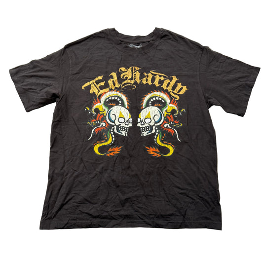 ED HARDY "Dragon Skull" Dark Brown Graphic T-Shirt Size L