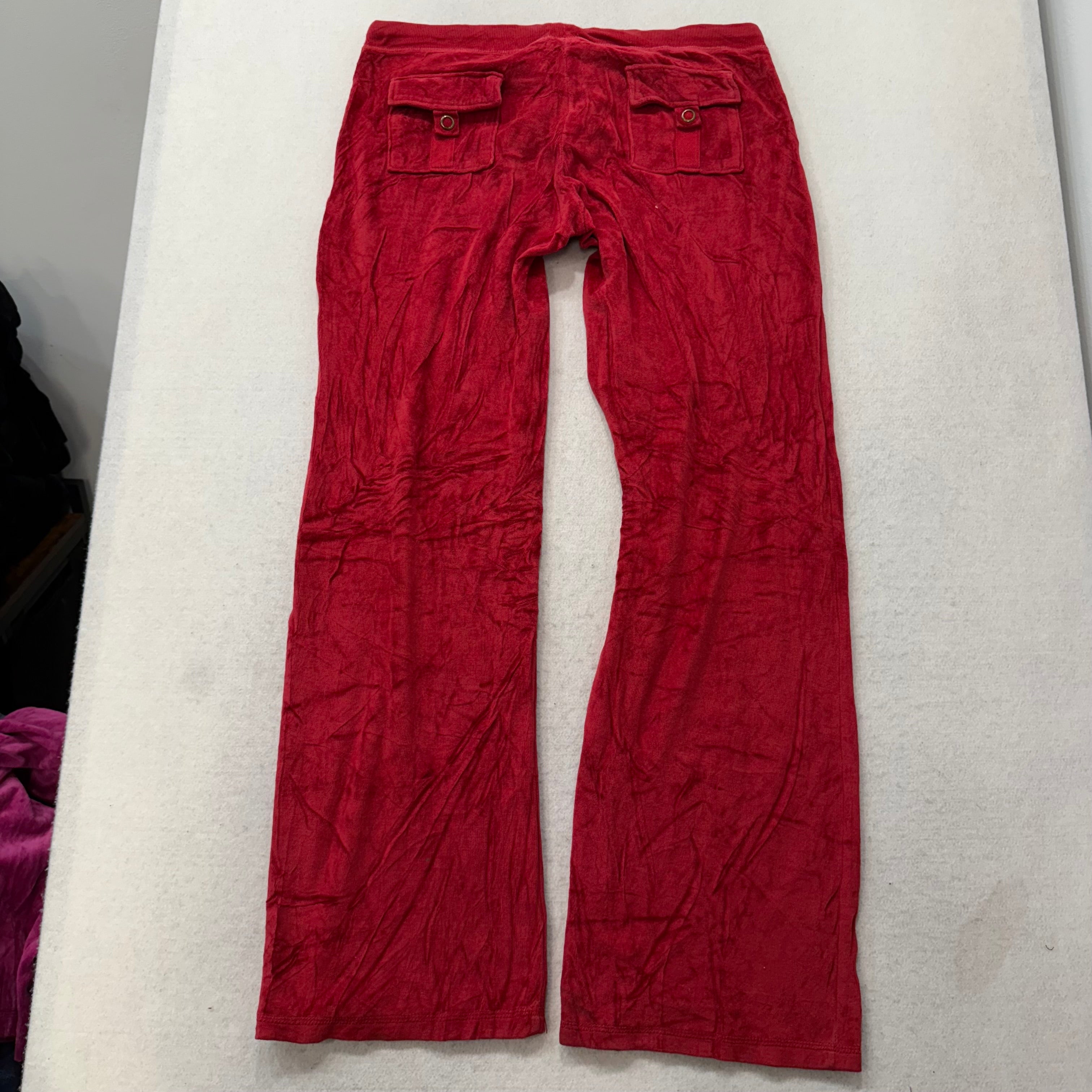 Vintage Juicy Couture Womens Ruby Red Velour Flare Track Pant Snap Pocket Size L