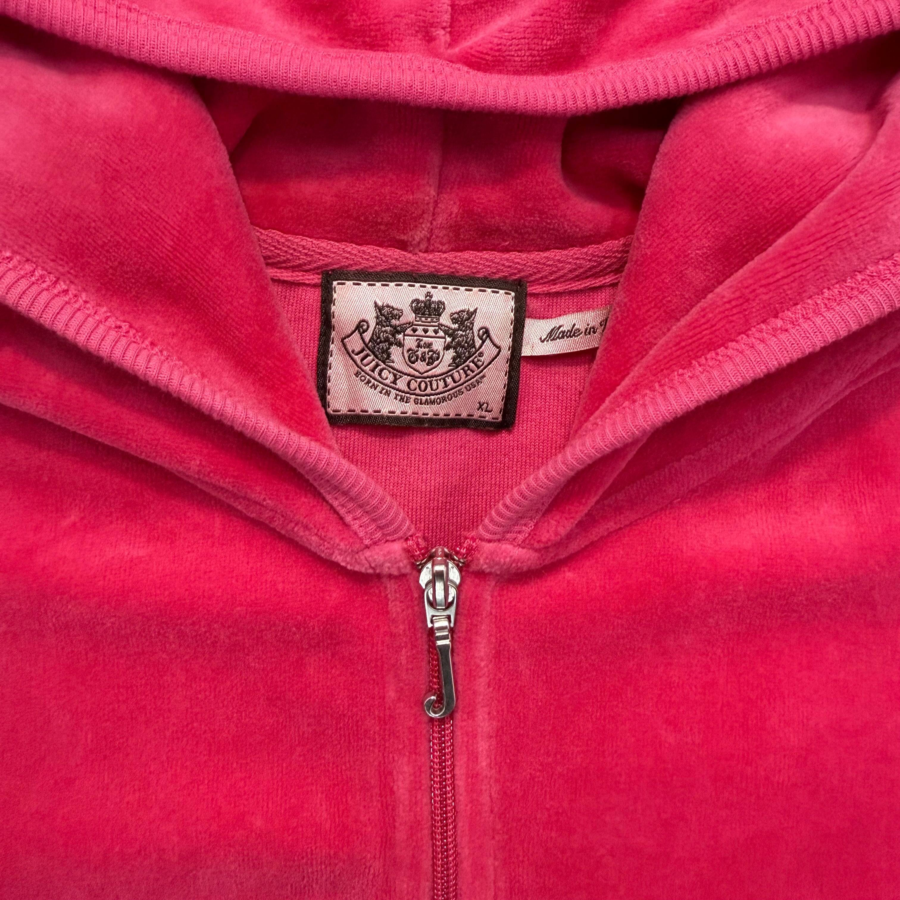 Pink VINTAGE Velour Juicy Couture Short Sleeve Hoodie w/ RARE EMBLEM DESIGN SIZE XL