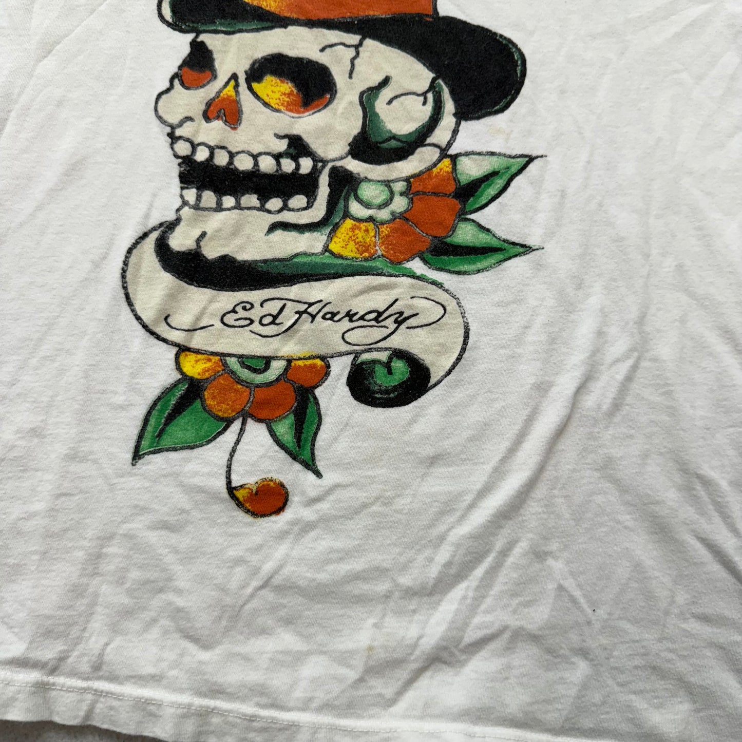 Ed Hardy Men's White Cotton T-Shirt Short Sleeves Skull Graphic Logo Tee Size L