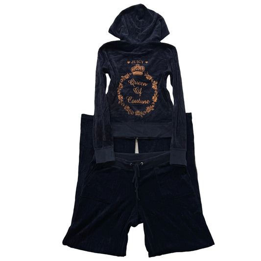 Juicy Couture Navy Blue Velour Tracksuit Set Zip Up Hoodie & Pant Graphic Size S