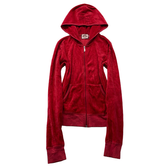 Vintage Juicy Couture Women's Red Velour Zip-Up Hoodie Pockets Classic Size S