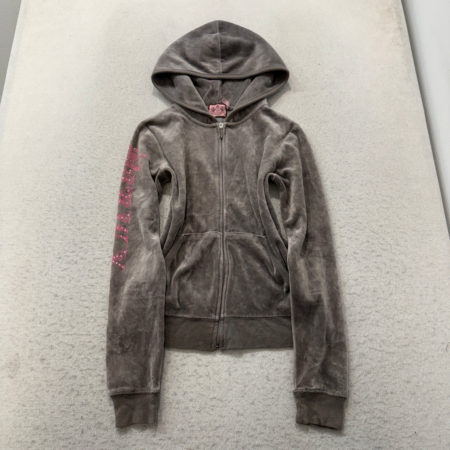 Juicy Couture Womens Grey Velour Zip-Up Hoodie Pockets Rhinestone Graphic Size M