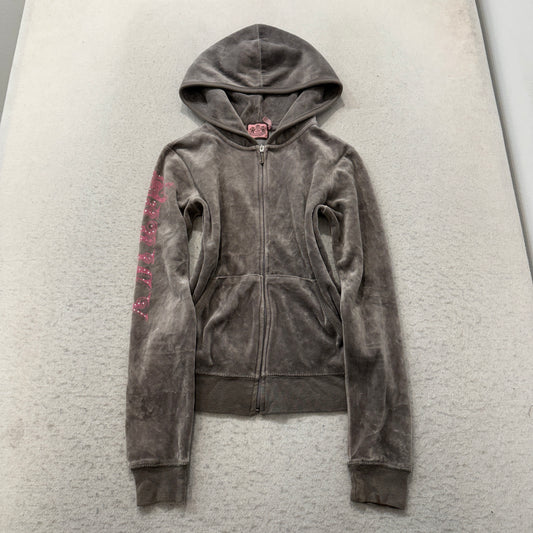 Juicy Couture Womens Grey Velour Zip-Up Hoodie Pockets Rhinestone Graphic Size M