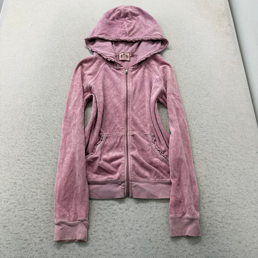 Juicy Couture Women's Pink Velour Zip-Up Hoodie Pockets Butterfly Print Size 14