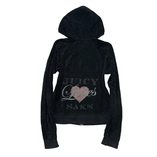 2003 Juicy Couture “Juicy Loves Saks” Women Black Velour Full Zip Hoodie Size XL