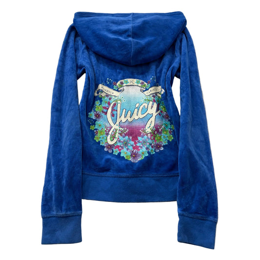 Juicy Couture Women's Bright Blue Velour Zip-Up Hoodie Floral Graphic Size 12