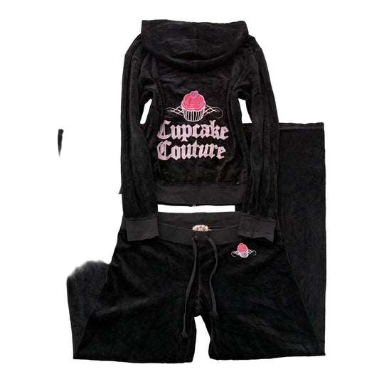 Juicy Couture Cupcake Couture Women Black Velour Tracksuit Set Hoodie & Pant - M