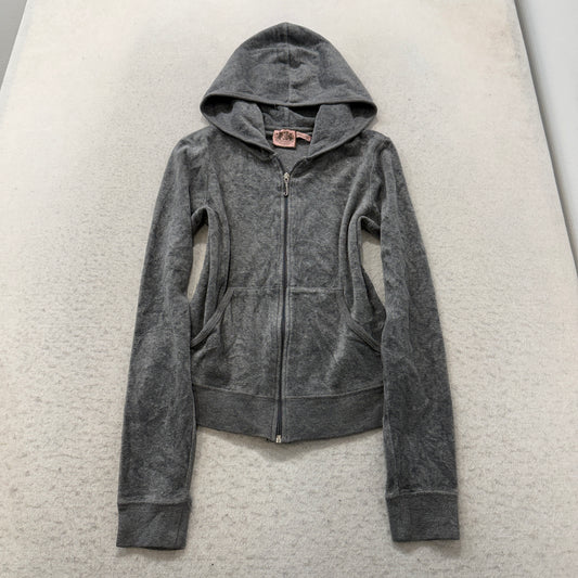 Vintage Juicy Couture Women's Grey Velour Zip-Up Hoodie Floral Crest Graphic - S