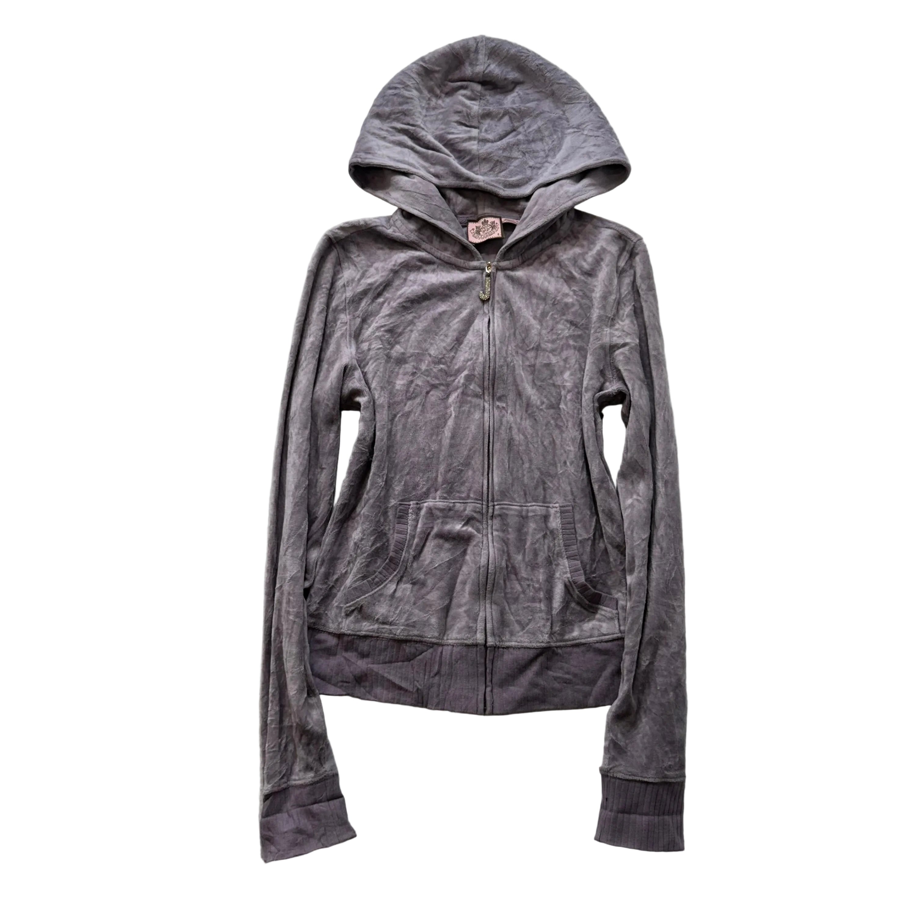 Vintage Juicy Couture Women's Gray Velour Zip-Up Hoodie Kangaroo Pockets Size S