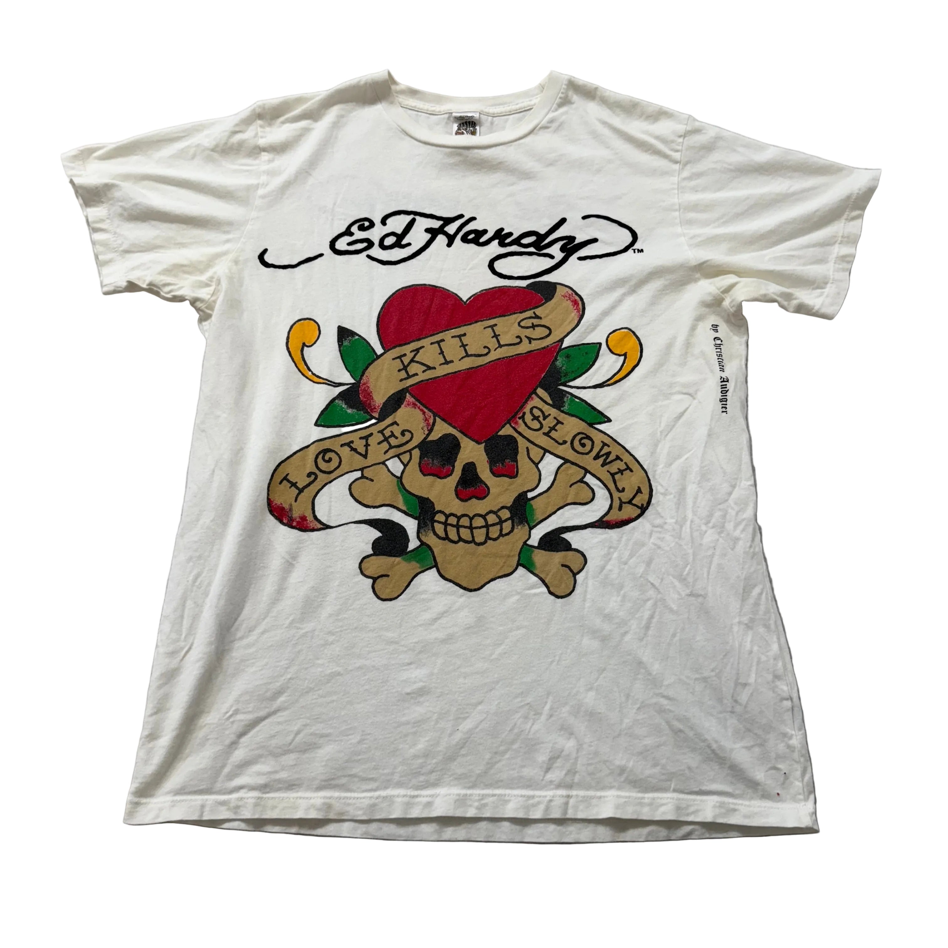 Ed Hardy Men's White Cotton T-Shirt Short Sleeves Skull Graphic Tee Logo Size L
