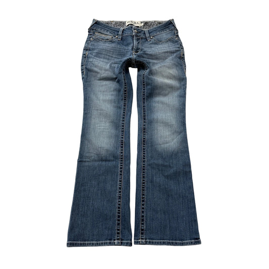 Ariat Real Denim women's blue faded bootcut jeans size 29s featuring a flare leg silhouette and embroidered pockets for a classic western look.