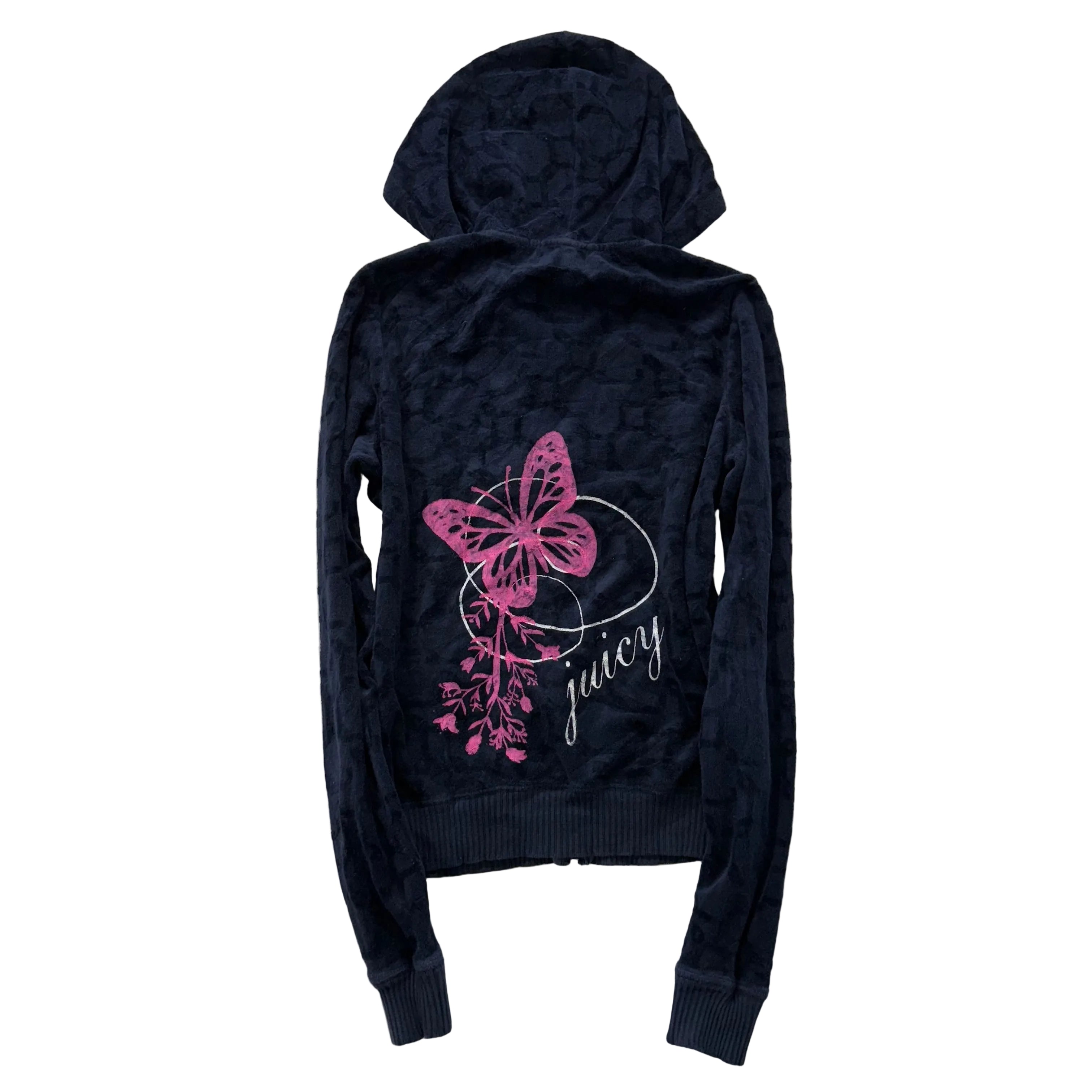 Vintage Juicy Couture Women Navy Terrycloth Butterfly Print Zip-Up Hoodie Size S