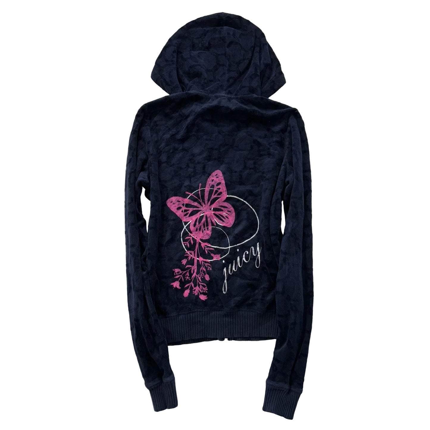 Vintage Juicy Couture Women Navy Terrycloth Butterfly Print Zip-Up Hoodie Size S