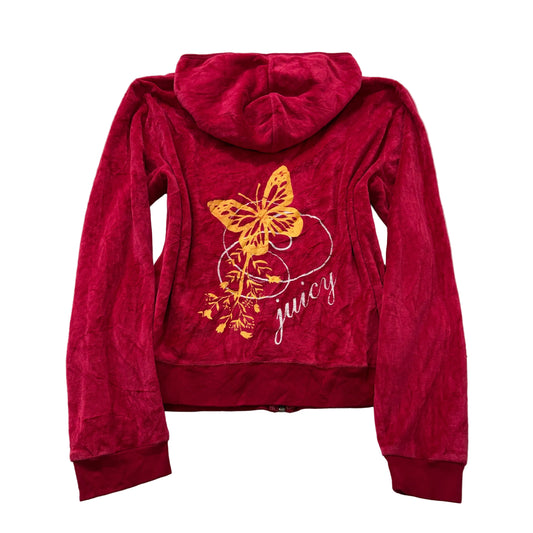 Vintage Juicy Couture Women's Red Velour Zip-Up Hoodie Butterfly Graphic Size L
