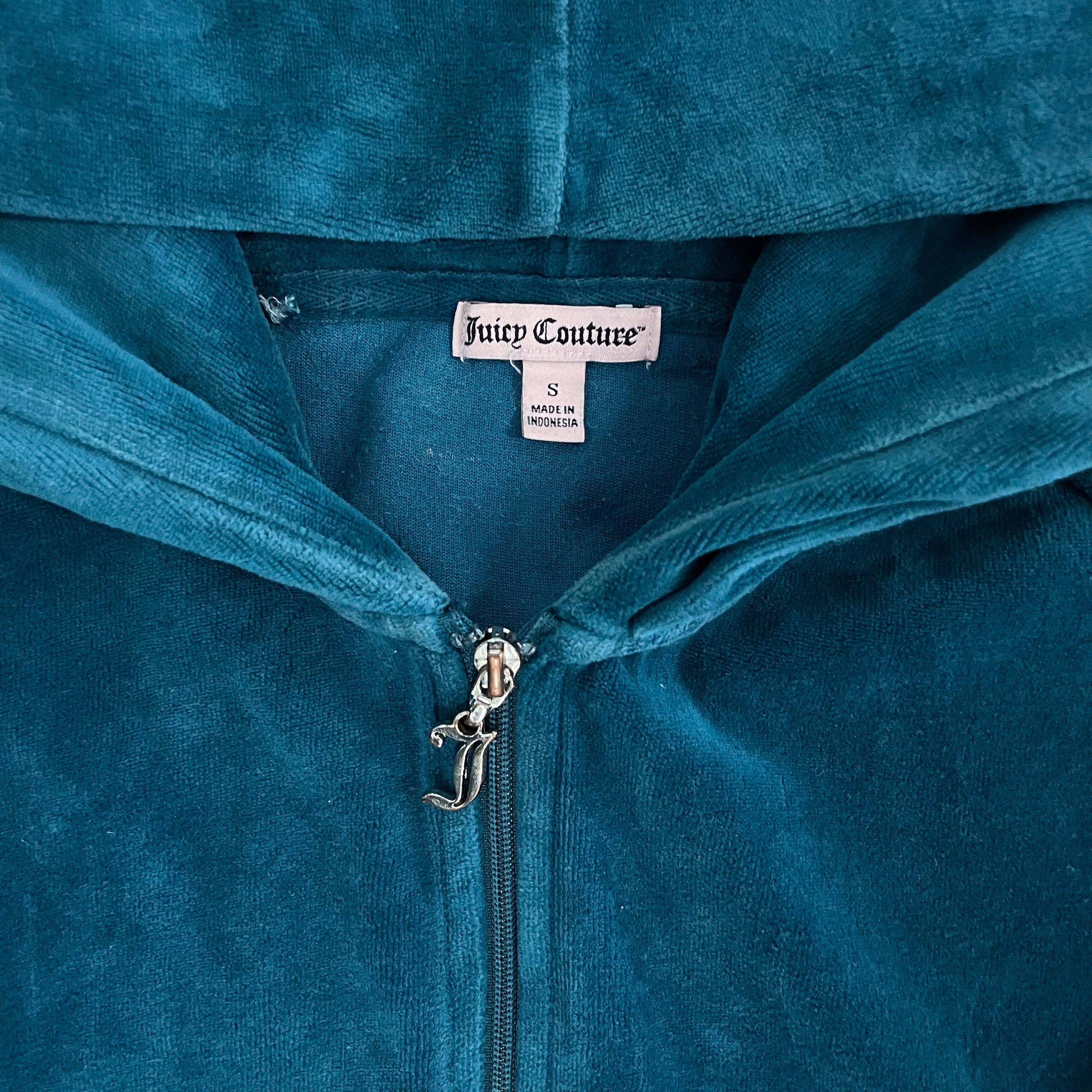 Vintage Juicy Couture Crown rhinestone Design Velour Teal Zip Up hoodie size S