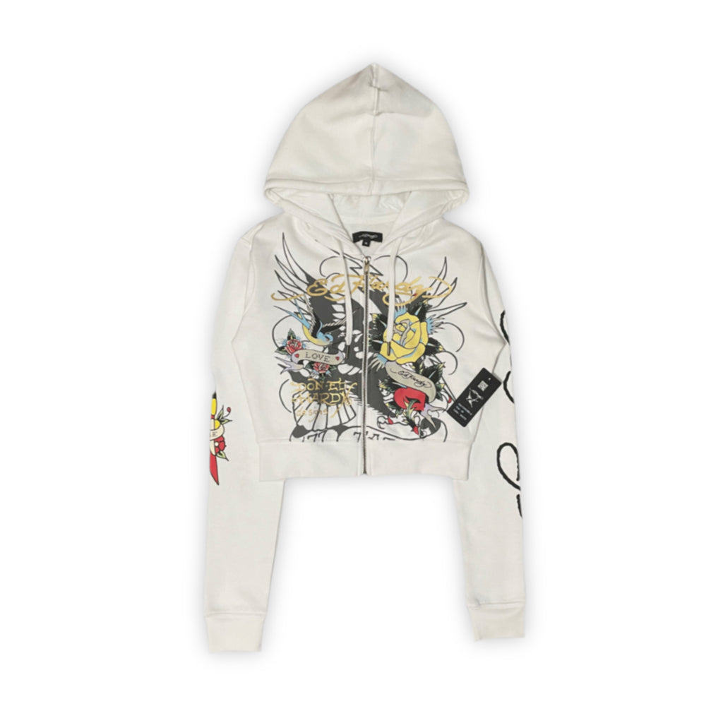 ED HARDY “brave eagle” white cropped zip up hoodie